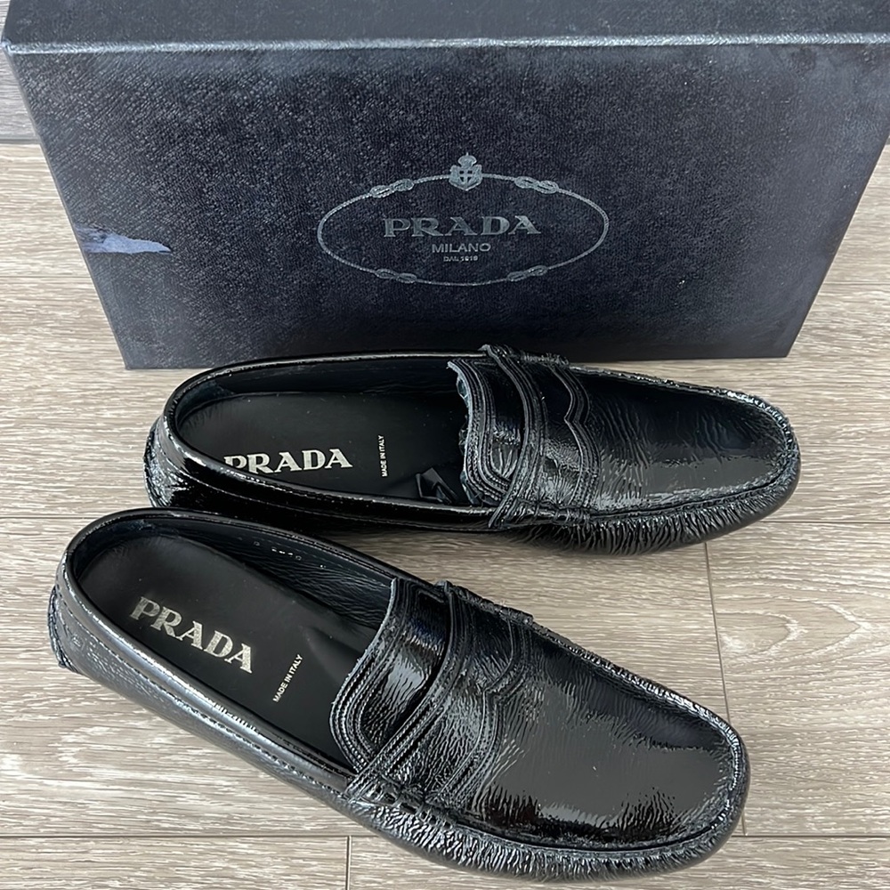 Men’s Prada driving shoes, black patent, size 9